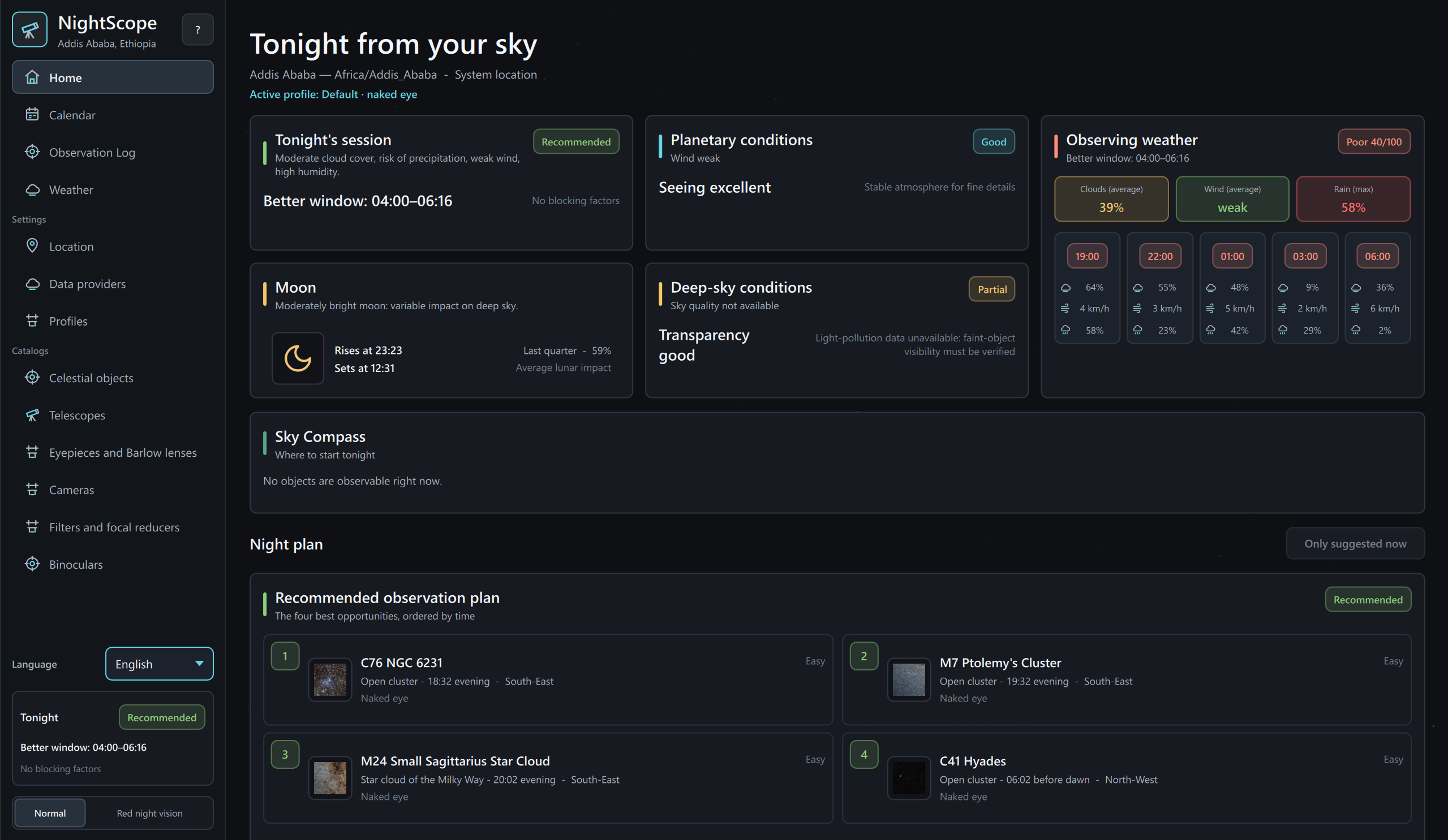 NightScope Home dashboard showing observing weather, planetary and deep-sky conditions, Sky Compass and the recommended night plan